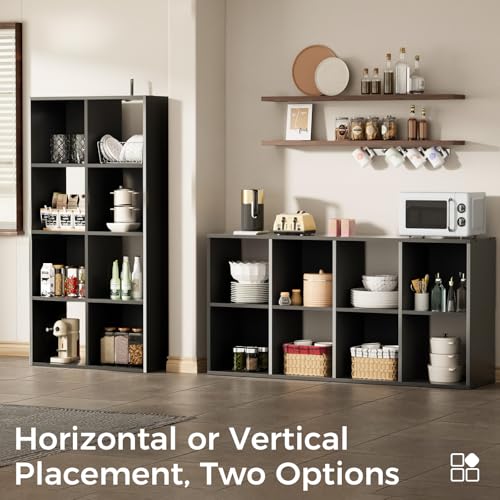 COMHOMA 8 Wood Cube Storage Organizer with Open Back and Removable Back Panels, 11In Black Cube Storage Bookshelf, Cubicle Shelf Bookcase for Home Office Bedroom Living Room, Vertical or Horizontal - color: 8 Cube-coal Black