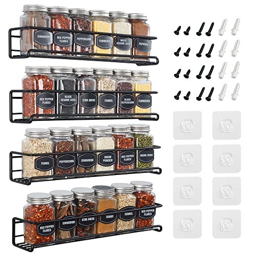 Spice Rack Wall Mounted 4 Tier – Space-Saving Kitchen Spice Organizer for Seasonings – Screw or Adhesive Hanging – Wall Mount Hanging Spice Rack for Wall, Cabinet, Pantry Door 2.5x 2.5x11.5 in - color: Black