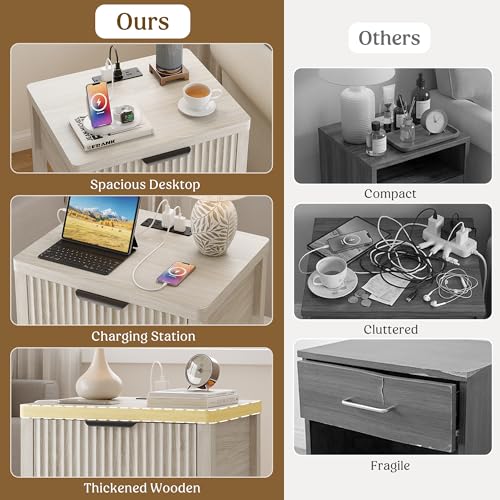 Lulive Wooden Modern White Night Stand, Fluted Nightstand with Charging Station (Set of 2, Grey White) - color: Grey White, size: 1 Drawer-Set of 2 Nightstand