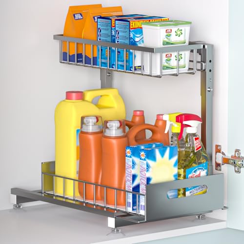 L-Shaped Under Sink Organizer, 2-Tier Pull Out Metal Kitchen Cabinet Organizer with Sliding Storage Drawer, Height Adjustable Heavy Duty Under Bathroom Sink Storage for Cleaning Supplies 1 Pack - color: Grey V2.0, size: 1 Pack