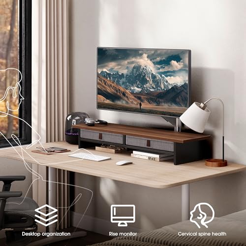 Fenge Monitor Stand with Drawer, 2 Tiers Dual Monitor Riser for Desk, 35 Inch Computer Stand for 2 Monitors, Desk Shelf for Home, Office, Laptop, PC, TV, Printer - color: Brown