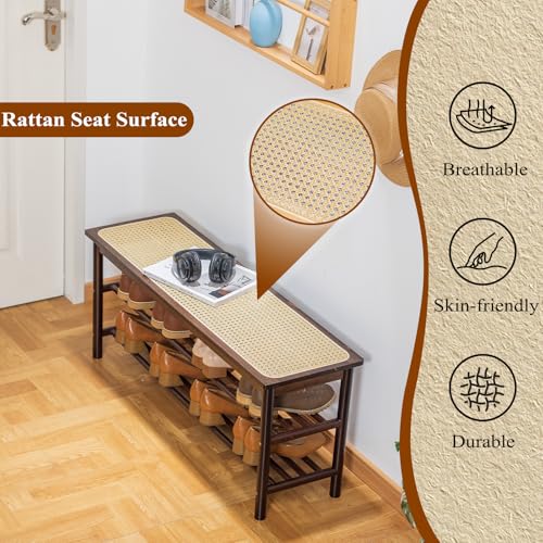 Bamboo Entryway Bench with Woven Rattan Seat, 2-Tier Shoe Storage Bench for Hallway & Entryway 39.4 inches Walnut - color: Walnut, size: 39.4 inch