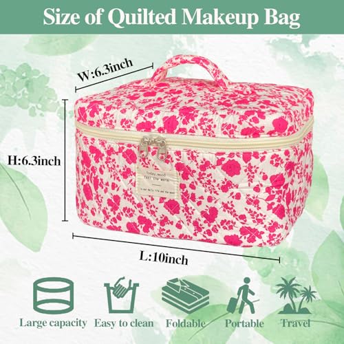 Rose Red Large Quilted Floral Makeup Bag Cute Soft Coquette Aesthetic Cosmetic Bag Cotton Travel Toiletry Bag for Women - color: A-Rose red