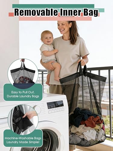 WTREE Laundry Hamper with Lid, Reinforced Sturdy Clothes Hamper with Anti-Puncture Base, Large Collapsible Laundry Basket with Removable Liner Bag, Tall Dirty Clothes Bin for Family, 100L Navy Blue - color: Navy Blue