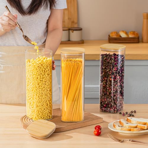 SENTVEND 73 Oz Glass Storage Jars with Bamboo Lids - 3 Pack Clear Glass Canisters Square Airtight Stackable Ideal for Pantry Storage Containers Great for Storing Oats Coffee Beans Pasta Flour Rice etc - color: 73 OZ-Clear