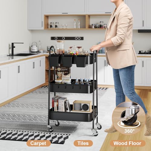 3 Tier Metal Rolling Cart with Lockable Wheels, Black Three Tiered Utility Storage Organizer Carts on Wheels for Bathroom, Kitchen, Laundry, Garage, Office, Craft, Art, Baby, Diaper Caddy, Snack, Book - color: Matte Black, size: 3 tier