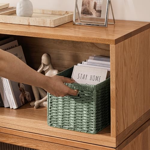 UBBCARE 2 Pack Wicker Basket, 13.4L×8.3H×7.1W inch Woven Paper Rope Storage Baskets for shelves, Foldable Rectangular Storage Baskets with Handle, Storage Basket for Organizing, Green - color: Green, size: 2pack Medium