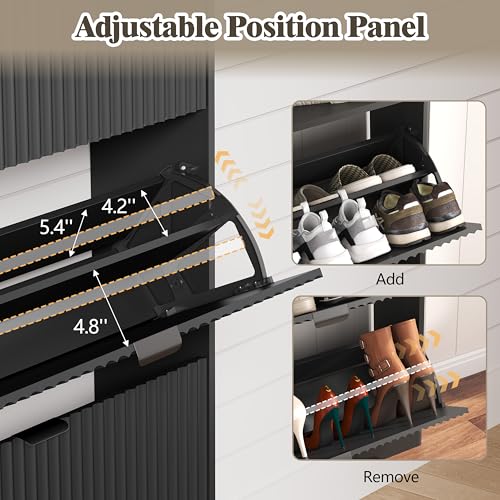 Shoe Cabinet Storage for Entryway with 3 Flip Drawers, Fluted Narrow Shoe Organizer with Wooden Legs, Freestanding Slim Shoe Storage Hidden Shoe Rack Organizer for Front Door Entrance, Hallway, Black - color: Black, size: 3 Drawer