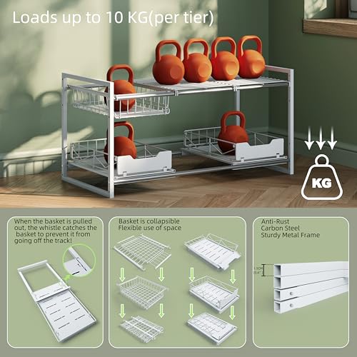 NETEL Under Sink Organizers and Storage,Kitchen Cabinet Organizer,2 Tier Under Sink Expandable Shelves，Bathroom Cabinet Organizer with Pull Out Drawers,(30.9-31.64)" W x 14.69" D x 15.83" H,White - size: Multi-functional with 2 pull out baskets(White)