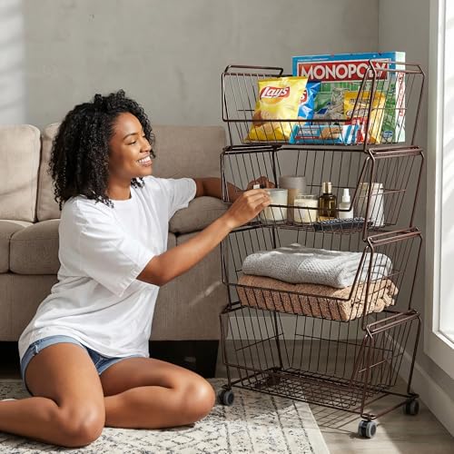 PUSDON 4-Tier Large Stackable Wire Storage Baskets with Wheels, Metal Rolling Utility Cart Organizer, Produce Basket for Kitchen Pantry, Floor Shelf, Vintage Bronze - color: Vintage Bronze, size: 4 Tier Plus