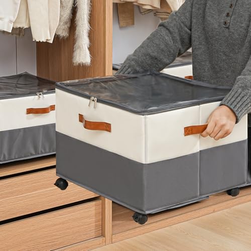 INSTY 2 Pack Shoe Organizer for Closet,Shoe Storage Organizer with Wheels, Fits up to 32 Pairs,Adjustable Dividers,Fabric Shoe Storage Bins with Clear Cover,Beige and Grey - color: Beige and Grey with wheels