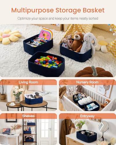 Small Woven Basket, 13.5 x 9.5 x 5 Inches, Storage Basket for Organizing, Cute Small Rope Shelf Closet Cube Storage Bins Baskets for Shelves, Dog Toy Gift Baskets Empty, 3 Packs, Navy Blue - color: Navy Blue, size: 13.5"L x 9.5"W x 5"H
