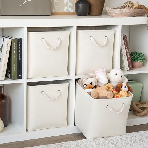 OrganiHaus 12x12 Cube Storage Bins 4 Pack, Foldable Cube Storage Organizer w/ Rope Handles, Collapsible Fabric Bins for Toys, Clothes & Closet Organization, Fabric Square Baskets - Off-White - color: Off-White, size: 4 pcs (12x12)