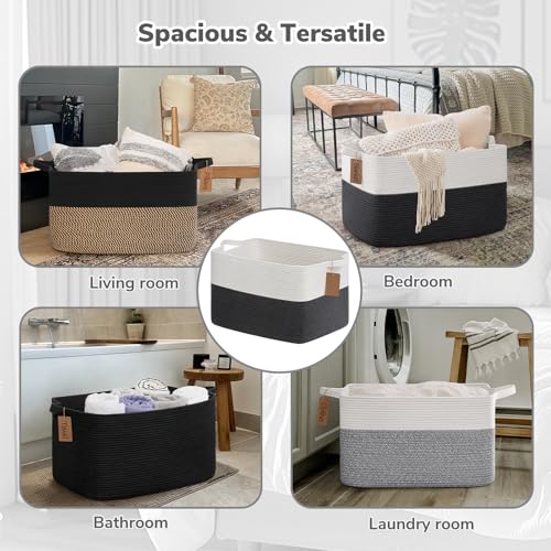 Goodpick Woven Storage Baskets for Organizing 22”x17”x12” Large Blanket Basket for Living Room Bedroom, Rectangle Toy Baskets Storage Kids with Handles, Dark Gray - color: Dark Gray, size: 22"L x 17"W x 12"H