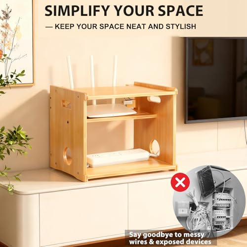 Fullin Upgrade WiFi Router Storage Box Hider, Large Capacity Projector Shelf, Wall Mount or Desktop Cable Management Box, Bamboo Modem Organizer Power Strip Hider Rack Need Assembly