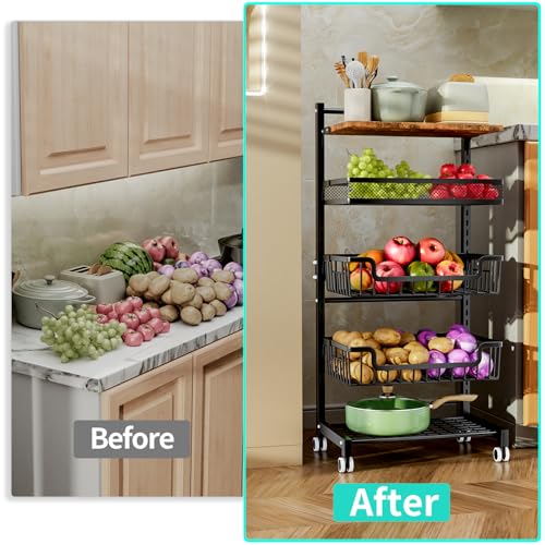 HapiRm Fruit Basket Kitchen Cart - 5 Tier Adjustable Vegetable Storage Rack, Large Capacity Rolling Kitchen Carts on Wheels for Snack Onion and Potato Storage - size: 5 Tier - Standard