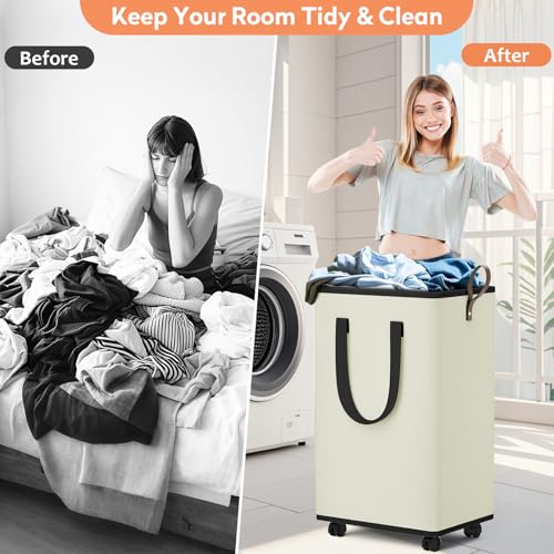 SpaceTrove Laundry Basket with Wheels, Collapsible Laundry Baskets, Laundry Hamper with Handles Detachable Wheels, Rolling Laundry Basket, Dirty Clothes Hamper for Bathroom, Dorm, Bedroom, Cream, 100L - color: Cream, size: 100L
