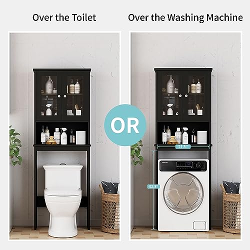 Shintenchi Over The Toilet Storage Cabinet, Bathroom Shelf Organizer with Anti-Tip Device Small Freestanding Space Saver with Adjustable Shelf and Glass Door, Black - color: Black, size: Glass Door