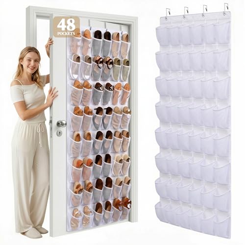 48 Pockets Over The Door Shoe Organizer, Large Mesh Hanging Shoe Rack, 6-Column Heavy Duty Shoe Storage for Sneakers and Heels, Behind Door Holder for Entryway Bedroom Dorm College, White - color: White