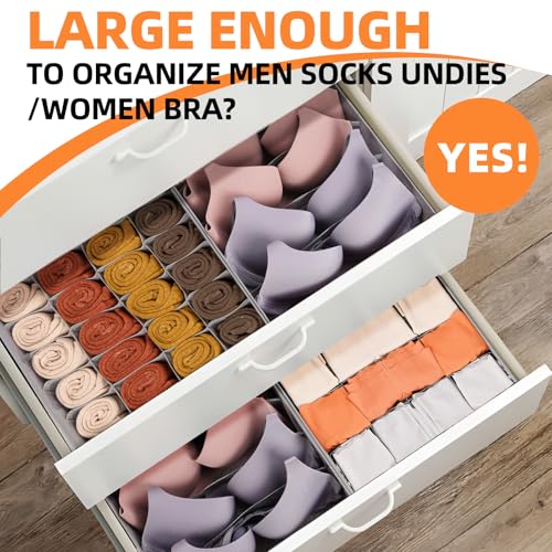 Criusia 6 Pack Large Drawer Organizer for Sock Underwear - Washable Heavy Duty Fabric Closet Organizers and Storage Bins - 90 Cells Dresser Organizer Divider for Baby Clothes, Ties, Belt (Grey) - color: Grey, size: 6 Pack & 90 Cells Full Set