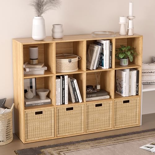 Wooden 12 Cube Storage Organizer with Closed Back Panel,Natural Oak Cube Shelf Cubby Storage Organizer with Compartments for Living,Bookshelf, Easy to Install (Oak, 12-Cube-11in) - color: Oak, size: 12-Cube-11in