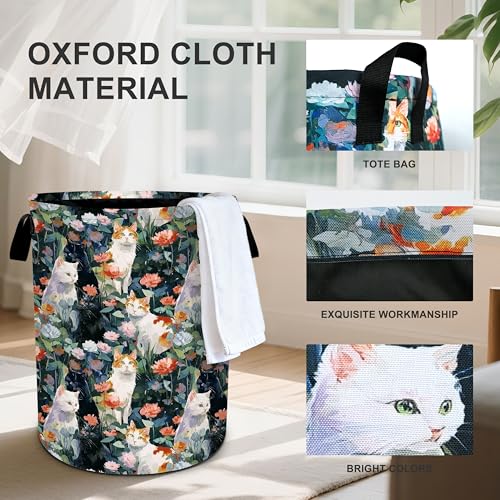 Cat Flowers Laundry Basket Storage Bin Foldable Laundry Hamper Clothes Storage Bucket Organizer 19.6x15.7 Inch For Laundry Room/Bedroom/Bathroom - color: Cat Flowers