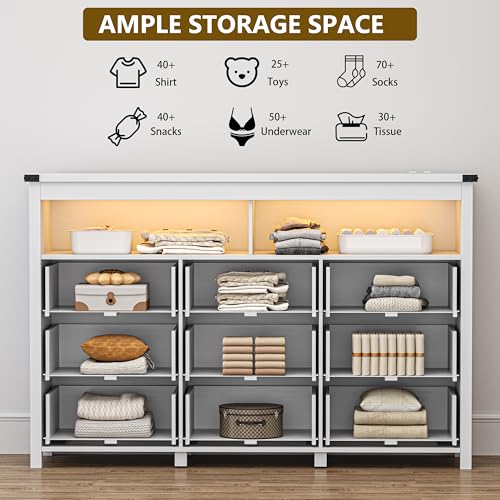 Dresser for Bedroom with 9 Drawers, Wide Modern Chest of Drawers with LED Light and Power Outlet, Wooden Closet Organizer Clothes Storage Cabinet, Double Dressers for Living Room, Hallway, White - color: White, size: 15.8"D x 59.1"W x 39.4"H (9 Drawers)