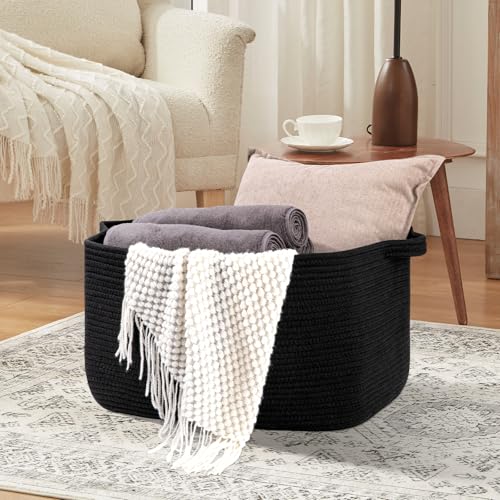 OIASKET Large Blanket Basket, Black Blanket Storage Living Room, Rectangle Woven Baskets for Storage Toys, Towels, Dirty Clothes Organizer Bins (Black) - color: Black, size: 19.7"x15.8"x11.8"