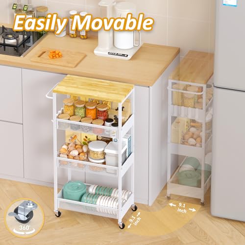 Vincona Slim Rolling Utility Cart, 4 Tier Metal Narrow Storage Cart with Handle and Wood Top, Multifunctional Small Mobile Shelf Unit Organizer Trolley for Laundry, Bathroom, Kitchen - color: White, size: 9.1" wide