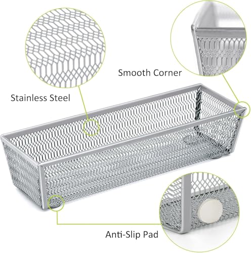 Neudeco Drawer Organizer Set 5 Pack - 4-Compartment Silverware Organizer Tray + 4 Utensil Trays, Kitchen Drawer Organizer for Flatware, Cutlery, Office Supplies, Silver Mesh, Non-Slip,Silver - color: Silver-5 pack
