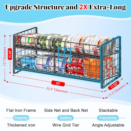2-Tier Stackable Can Rack Organizer for Pantry Shelf, Long-Size Adjustable Can Holder for Kitchen Organization,Heavy Duty Can Dispenser for Canned Food Soup Goods up to 50 in Cabinet storage, Black - style: Length(25''W)-1 Pack