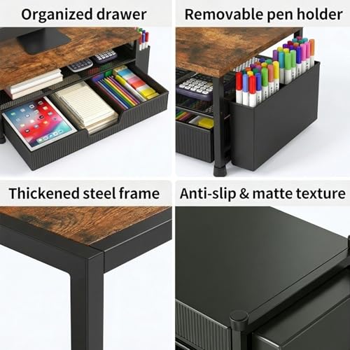 ECOLOVI Desk Organizer and Accessories, 2-Tier Computer Monitor Stand Rise with Storage Drawer & 2 Pen Holders, Laptop & Printer Stand for Desktop, Workspace Organizers for Office Supplies (Brown) - color: Walnut Brown
