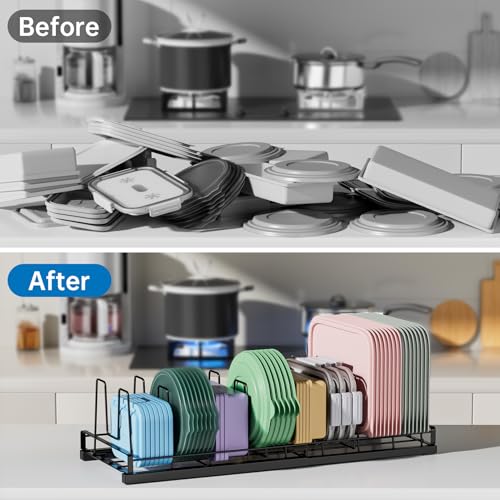 Expandable Food Container Lid Organizer, 9 Adjustable Dividers Sturdy Metal Pot and Pan Organizer Rack for Kitchen Cabinets, Drawers, Pantry Shelves, Countertops, Black, 8.15" Wide - color: Black,13"-21" Expandable,9 Dividers