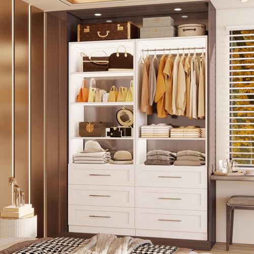 Closet System with 6 Drawers, Wood Closet Organizer System, Walk-in Closet or Small Closet System with Shelves, Modular Closet Systems with 3 Expandable Hanging Rods, 2 Sets, White (4FT) - size: 4FT