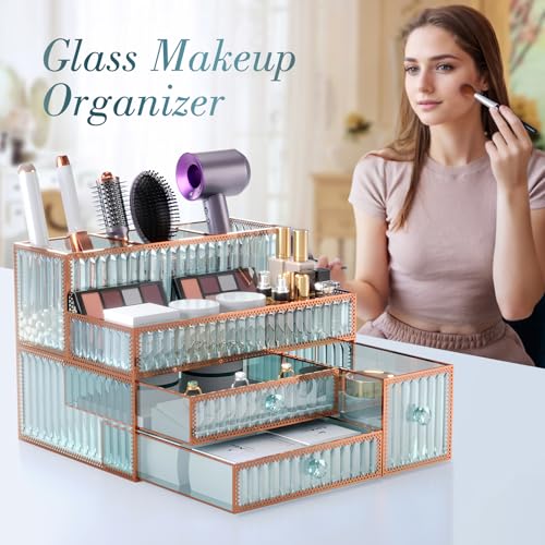 Makeup Organizer Countertop - Tempered Glass Vanity Organizer for Cosmetics, Skincare, Hair Tools, Brushes, Perfume - Multipurpose Bathroom Counter Skincare Organizer - color: green