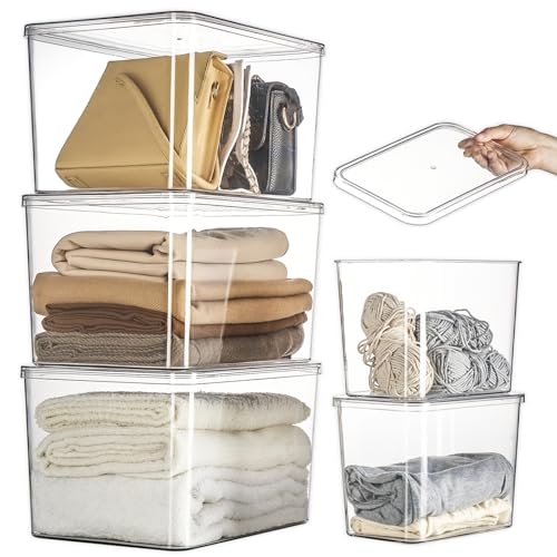 Lidded Plastic Storage Bins Set Clear Desk Basket Box Organizer Kitchen Container Clothes Laundry Closet Cabinet Shelf, Organization and Storage for Shelves Office Bathroom(clear 3XL+2M) - color: clear 3XL+2M