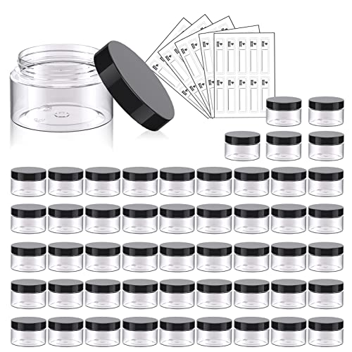 50 Pack 1 OZ Plastic Jars Round Clear Cosmetic Container Jar with Lids, Eternal Moment Plastic Slime Jars for Lotion, Cream, Ointments, Makeup, Eye shadow, Rhinestone, Samples, Pot, Travel Storage - color: Black Lid, size: 1 Ounce