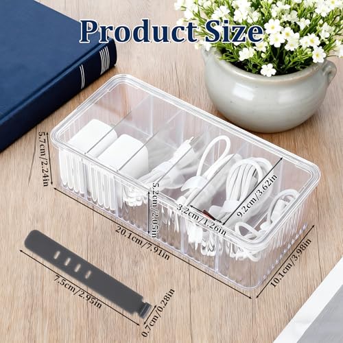 4 Pcs Cable Organizer Box, Clear Plastic Cord Storage Organizer with 40 Wire Ties Charging Cord Storage Organizers with Lid for Home Office Desk Drawer Organizers and Accessories