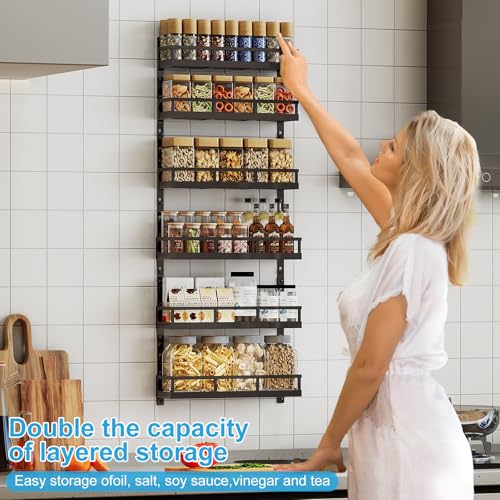 X-cosrack 6-Tier Wall-Mounted Spice Rack Organizer with Mixed Basket Sizes, Height-Adjustable Hanging Spice Shelf for Kitchen Pantry Cabinet, Large-Capacity Seasoning Holder, Black - color: Black, size: 6x 4.6"D