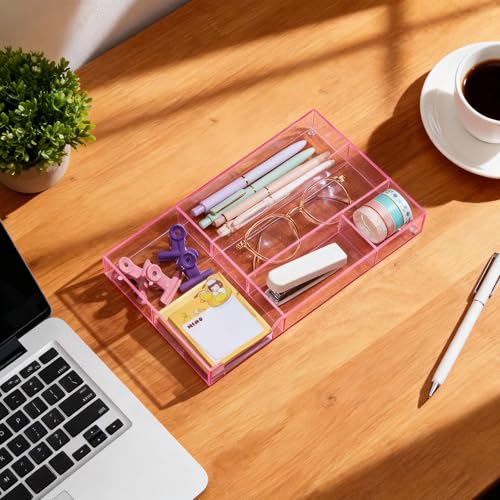 Briwooody Translucent Pink Acrylic Desk Drawer Organizer 11 x 6.1 x 1.38 Inch Storage Tray Organizer for Pens, Stationery, Desktop, Office, Bathroom, Kitchen, Makeup Supplies (6 Compartments) - color: Translucent Pink, size: 11 x 6.1 x 1.38 Inch, style: 6