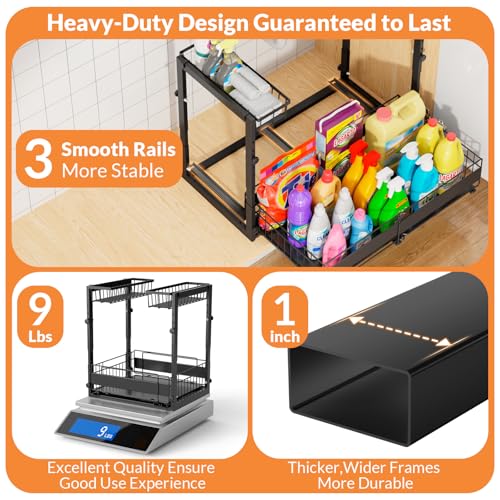 Expandable Under Sink Organizer with 5-Level Height Adjustment,2 Tier Under Sink Organizer Pull-Out Under Sink Drawers Cabinet Organizer for Kitchen & Bathroom Storage,Black,Large - size: large