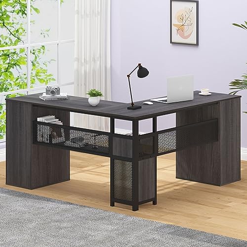 HSH L Shaped Corner Home Office Desk with Drawers, Large Computer Desk with Storage File Cabinet Shelves, Rustic Wood Metal Computer Table for Bedroom Executive Work Study Writing, Dark Gray, 59 Inch - color: Dark Gray Oak