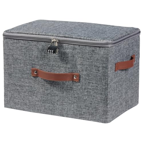 Storage Bins Boxes with Zipper Lid Combination Lock PU Leather Handles Cotton Linen Fabric Lidded Lockable Baskets Foldable Washable Closet Shelf Organizer Container (Gray, Large) - color: Gray, size: Large ( Set of 1 )