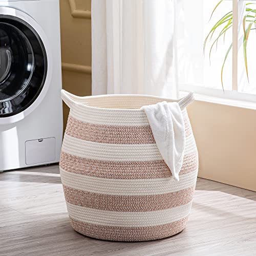 KAKAMAY Woven Baskets for Storage(17"x17"),Large Cotton Rope Woven Baby Laundry Hamper,Collapsible Laundry Basket, Blanket Basket for Organizing Living Room,Nursery,Pillows,Toy Chest(Rose) - color: Rose