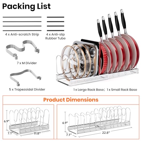 MUDEELA Pot Rack - Expandable Pots and Pans Organizer under Cabinet, Pot Lid Organizer Holder with 12 Adjustable Compartment, Kitchen Cabinet Organizer and Storage for Cutting Board, Skillets Pan - style: 12 Dividers-Silver