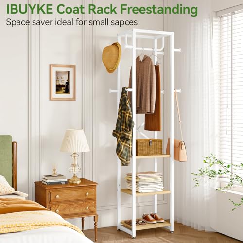 IBUYKE Coat Rack with Shelves, Freestanding Hall Tree with 3 Shelves and 8 Hooks, Industrial Clothes Stand for Entryway, Hallway, Bedroom, Natural UTMJ088R - color: Natural