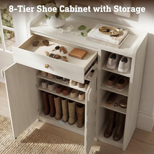 STO'SENSE Large Shoe Cabinet with Doors, 8-Tier Shoe Storage Cabinet with Drawer & 4 Side Cubbies & 5 Adjustable Shelves, 47" Tall Shoe Rack Organizer Cabinet for Entryway, Hallway (White Oak) - color: White Oak