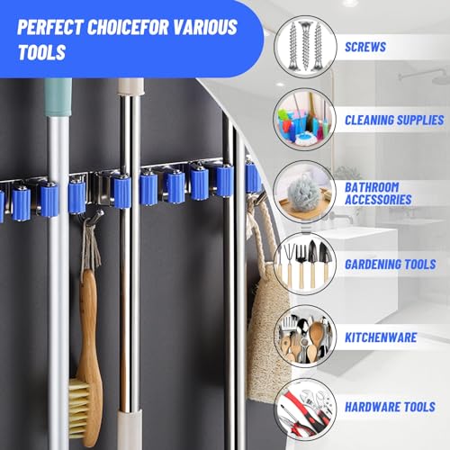 Broom Holder Mop Hanger Wall Mount Metal Organization Garage Storage System Laundry Room Closet Shed Garden Kitchen Tool Organizer (6 Racks with 3 Hooks, Blue)