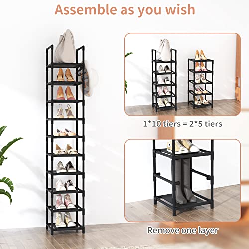LANTEFUL Tall Narrow Shoe Rack for Entryway, 10-Tier Sturdy Metal Shoe Shelf Storage 10-15 Pairs of Shoes and Boots, Space Saving Corner Shoe Rack Organizer for Closet,Doorway,Garage,Living Room - color: Black, size: 10 tiers