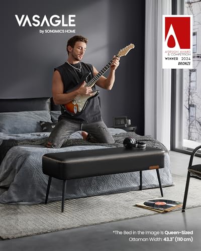 VASAGLE EKHO Collection - Bench for Entryway Bedroom, Synthetic Leather with Stitching, Ottoman Bench with Steel Legs, Living Room, Mid-Century Modern, Loads 660 lb, Ink Black ULOM076B01 - color: Ink Black, style: Steel Leg Bench